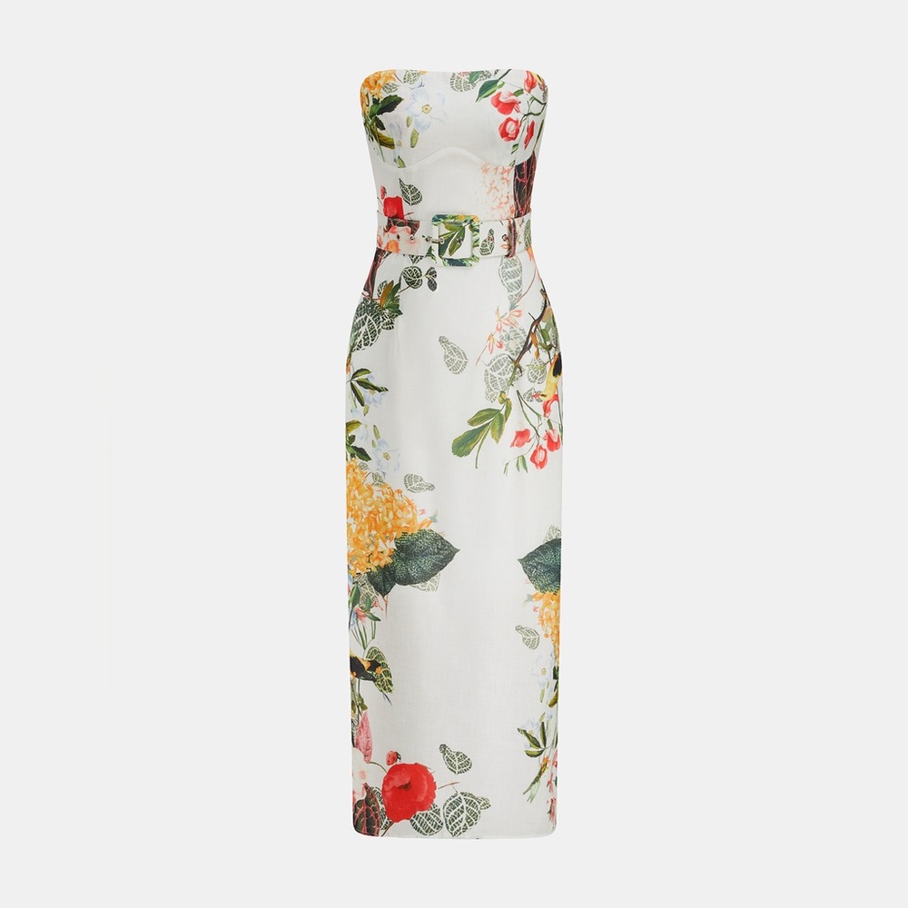 Strapless Floral Midi Dress in White and Multi - Picture 2 of 6